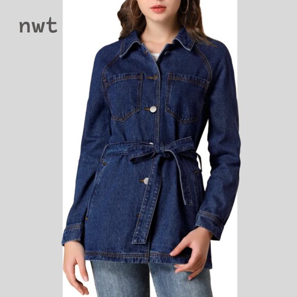 NWT Jean Jacket Long Sleeves Button Down Tie Belt Waist Casual Denim Jacket, XS - Picture 4 of 5